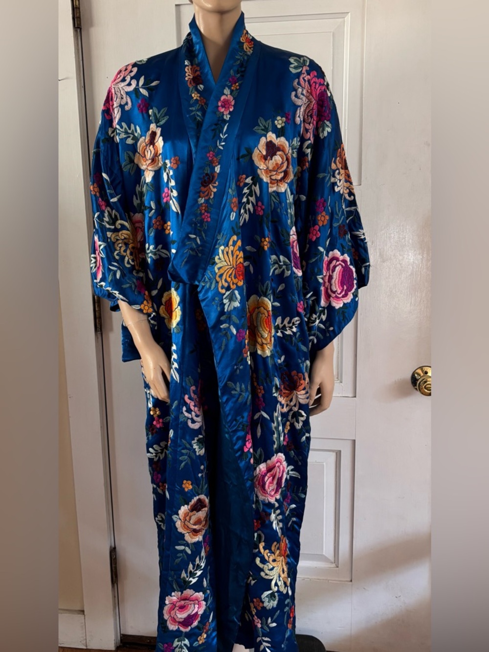 Blue Floral Embroidered Satin Kimono Robe